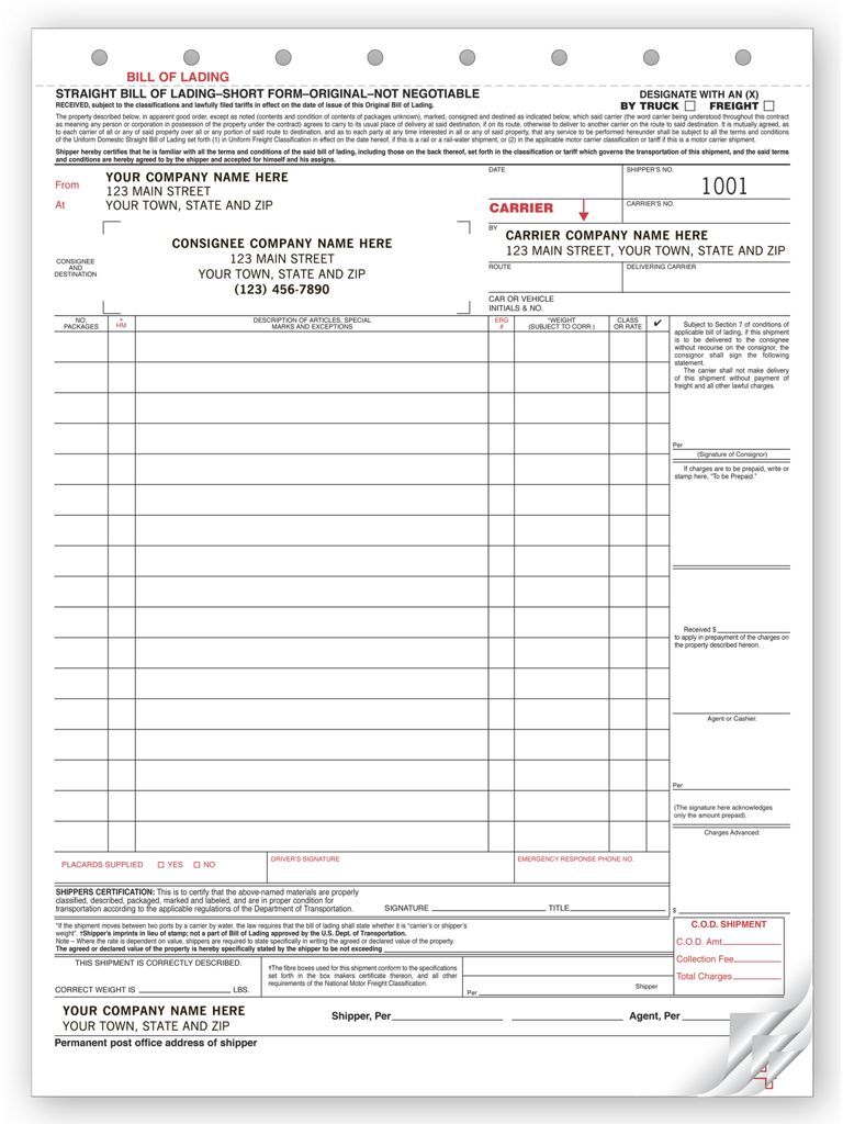 6225 - Carbonless Straight Bills of Lading  - Hazardous Materials