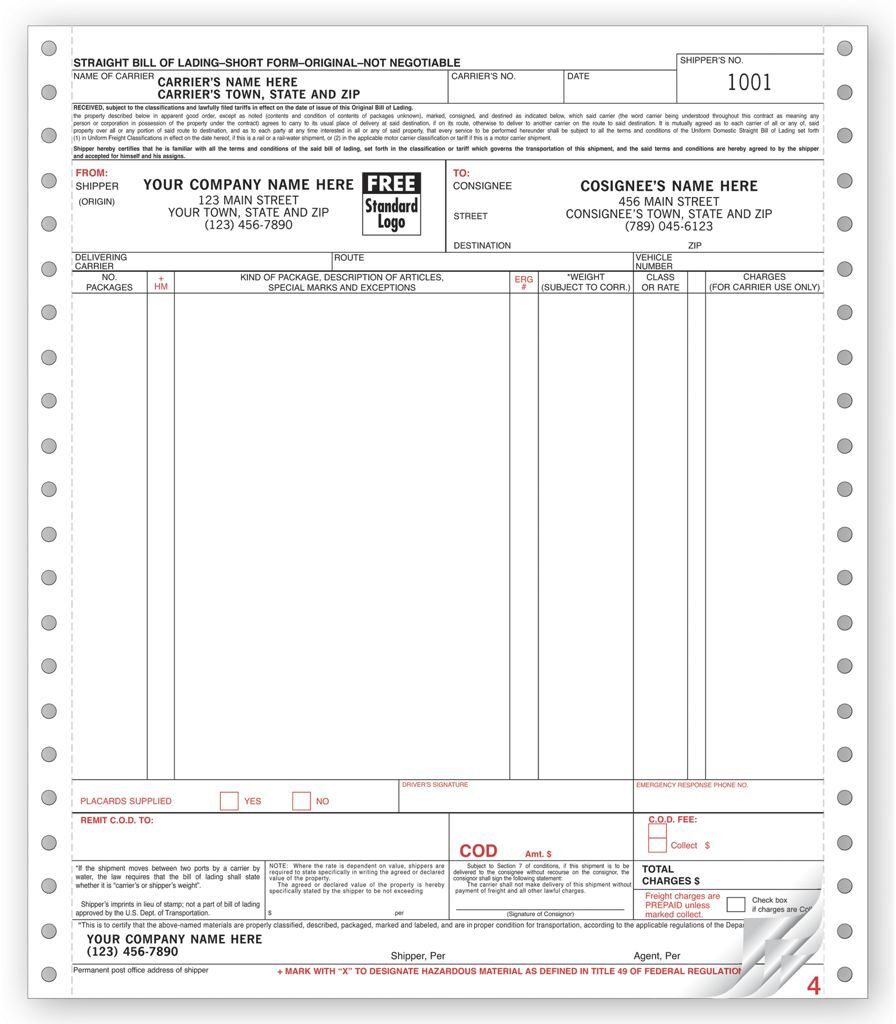 Continuous Bill Of Lading Form