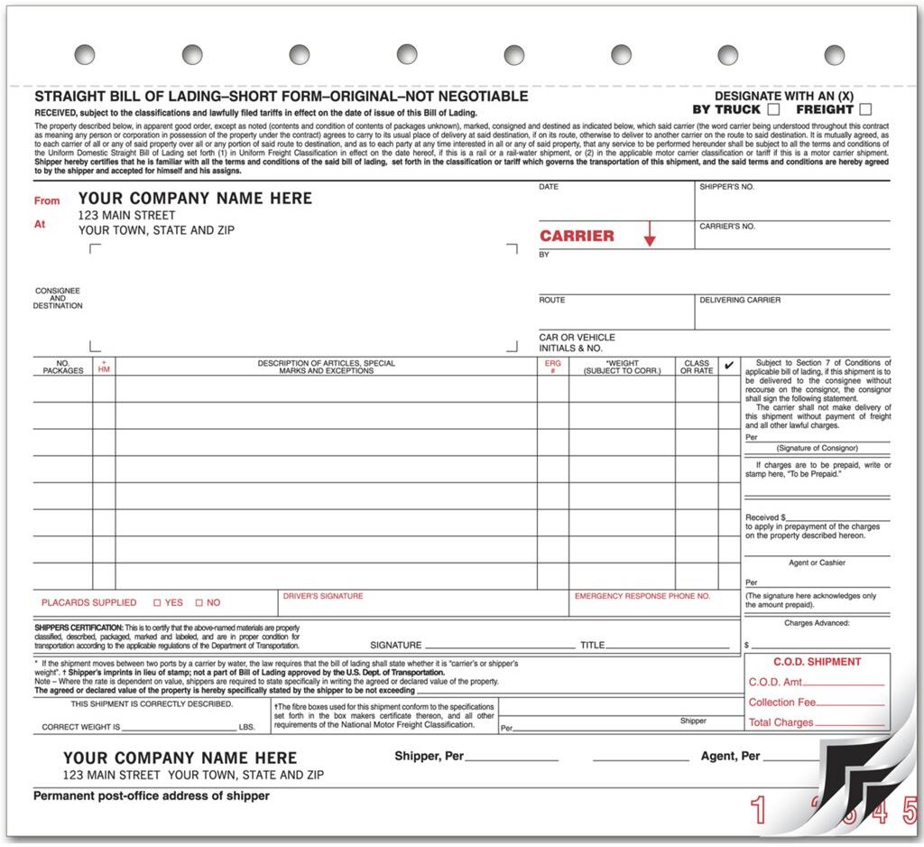 Small Freight Bills Of Lading