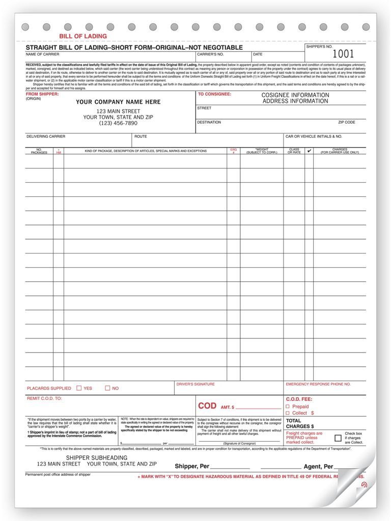 Carbonless Bills of Lading - Large Format