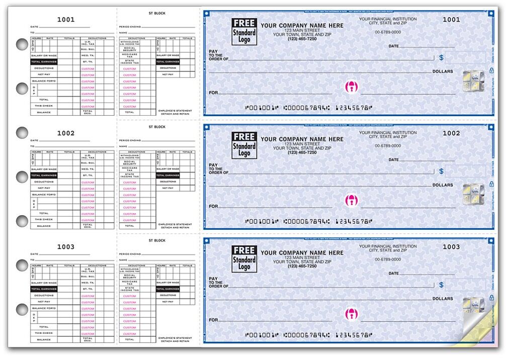 Highly Secure 3-To-A-Page Payroll Checks with Deductions Stubs