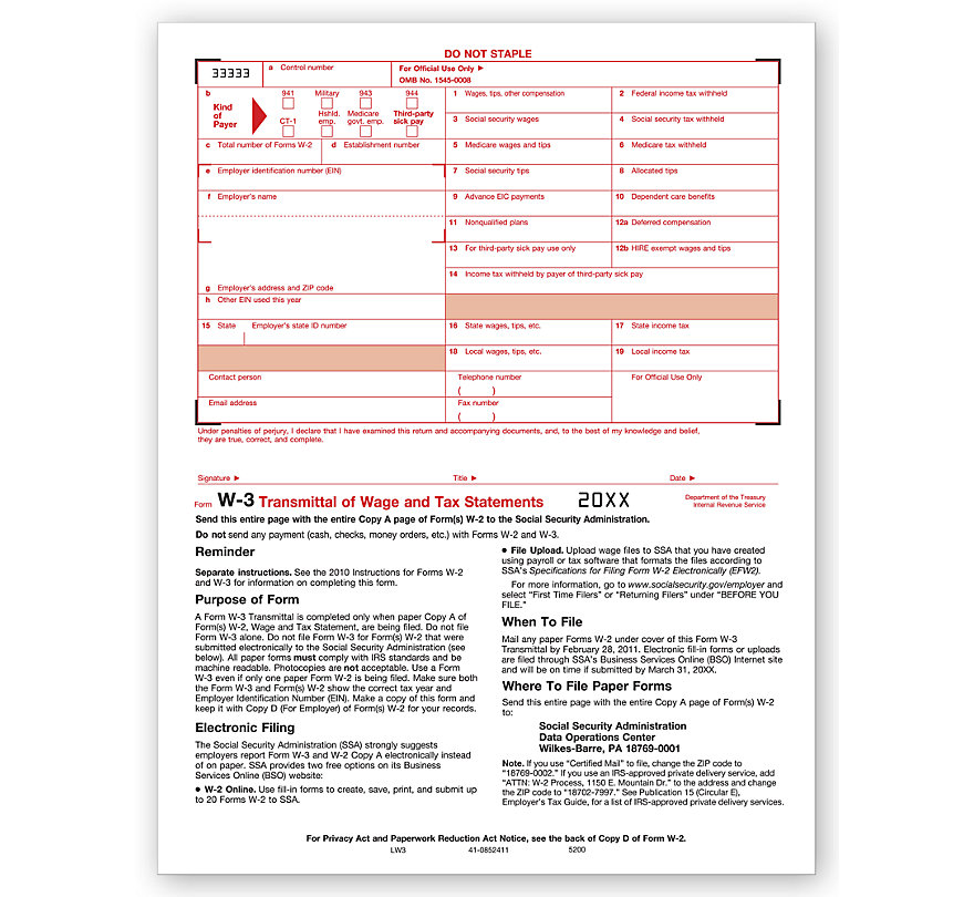 Laser W-3 Tax Forms - Transmittal of Income