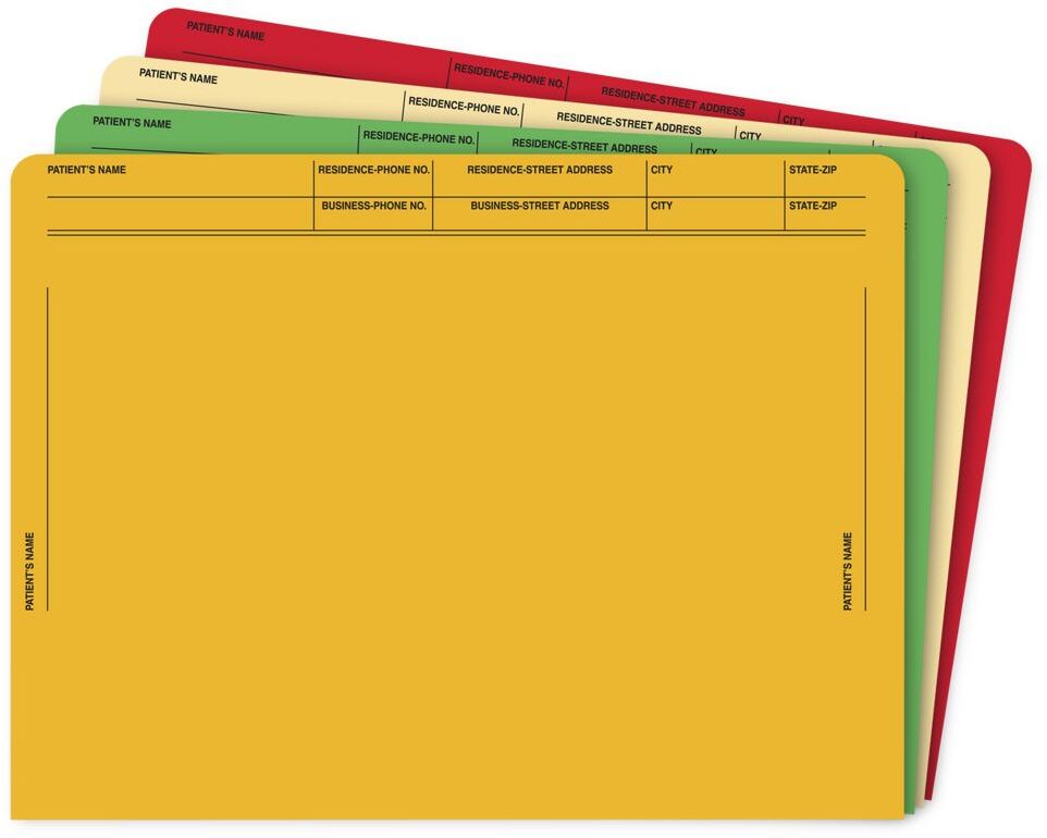 Heavy duty medical file pockets, in different colors.