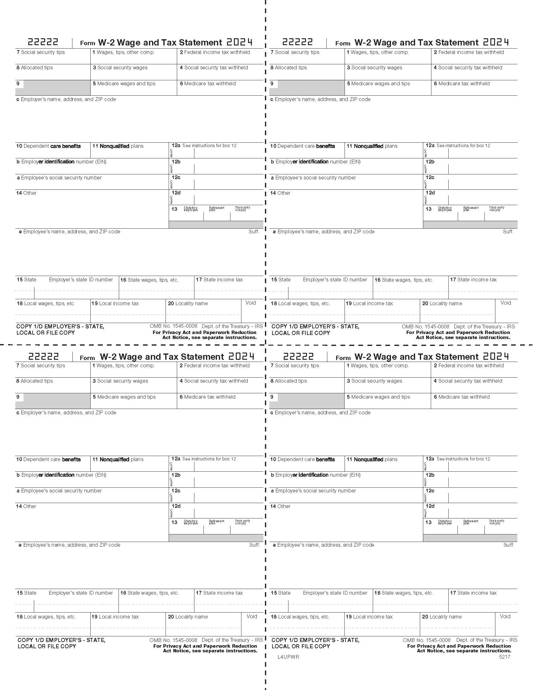 4-Up Bulk Laser W-2 Tax Form - Employer Copy, W-Style