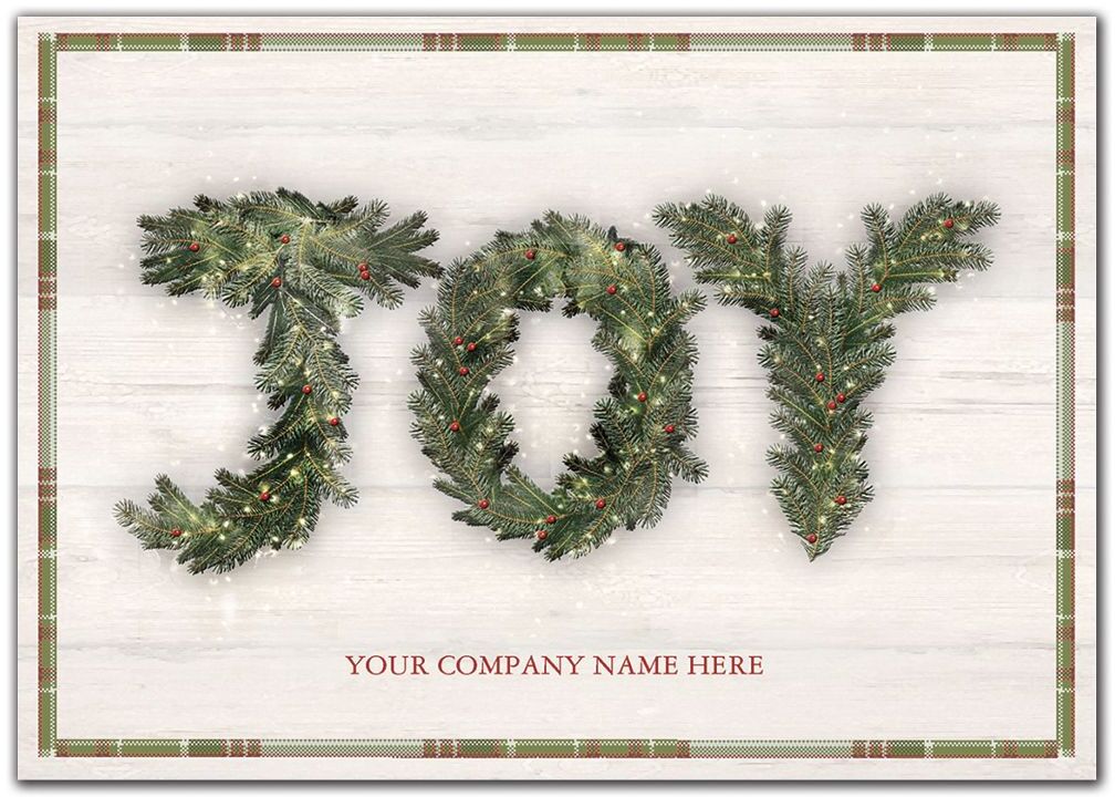 Customized Holiday Cards with JOY spelled out with pine branches