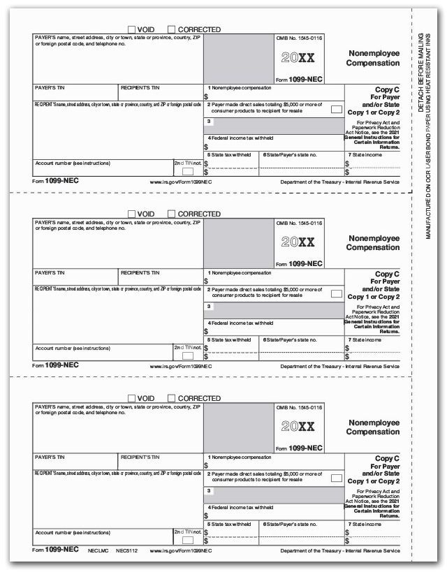 Bulk 1099-NEC Payer & State Copy C Cut Tax Forms