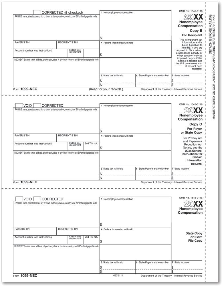 Bulk 1099-NEC Tax Forms - Recipient Copy B Payee & State, Copy C & State