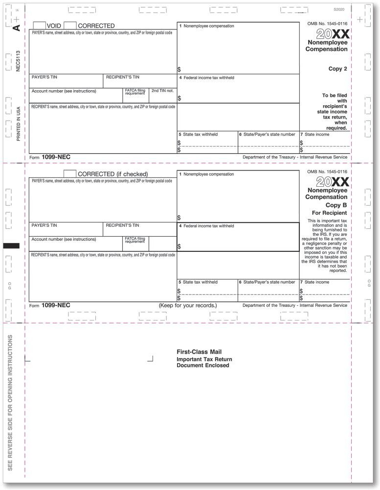 1099-NEC Tax Forms with 3-Up Horizontal Layout, Copy B+2 - Self-Mailing