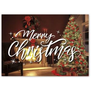 Custom Christmas Greeting Cards, Crackling Fireplace and Tree with Red Bows