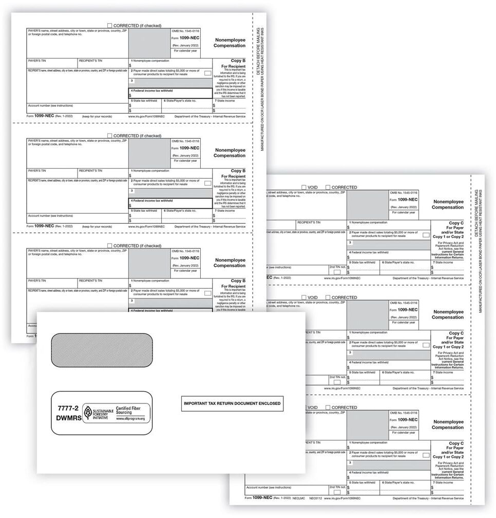 1099-NEC Laser Tax Forms, 3-Part Requirement, 3-Up Format, 50 Employees