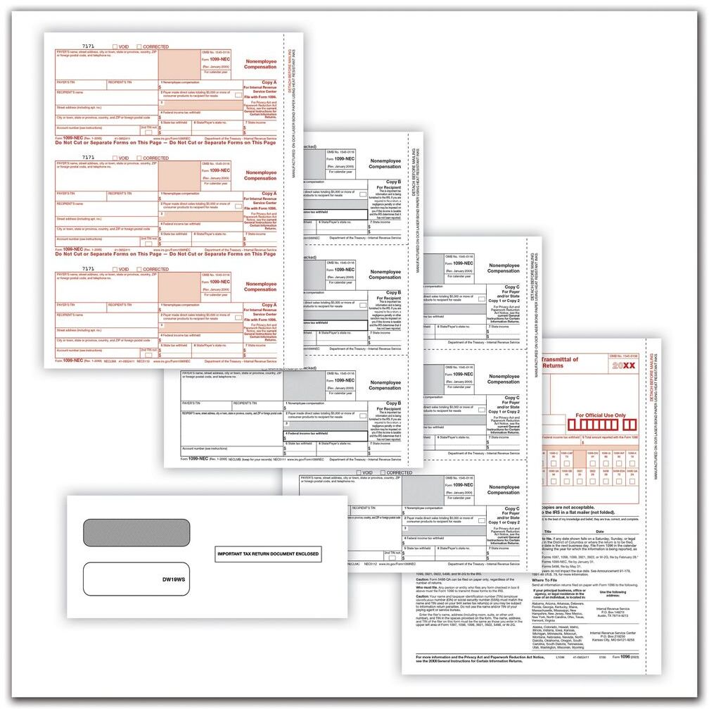 1099 NEC Tax Forms, 3-Part Format with Envelopes