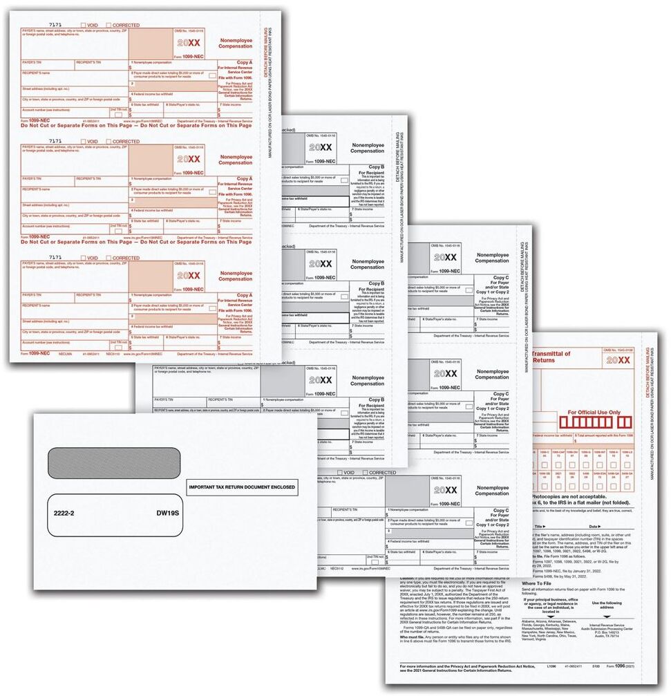 1099-NEC Laser Tax Forms & Envelopes - 4 Part Format for 50 Employees